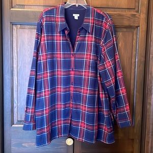 L.L. Bean Plus Size 3X Blue/Red Plaid Fleece Lined Long Sleeve “Shacket”